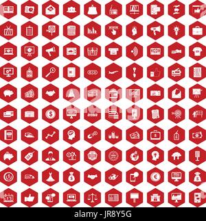 100 e-commerce icons hexagon red Stock Vector
