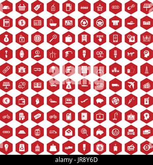 100 economy icons hexagon red Stock Vector