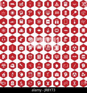 100 education icons hexagon red Stock Vector