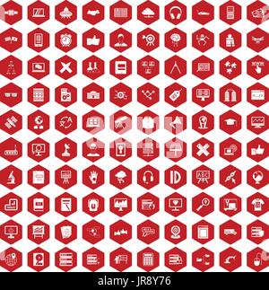 100 education technology icons hexagon red Stock Vector