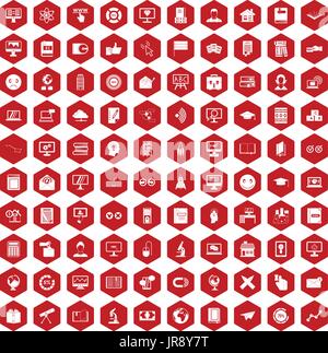 100 e-learning icons hexagon red Stock Vector