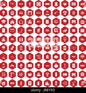 100 electrical engineering icons hexagon red Stock Vector