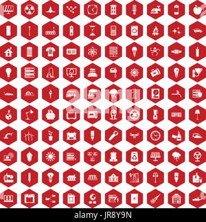 100 electricity icons hexagon red Stock Vector