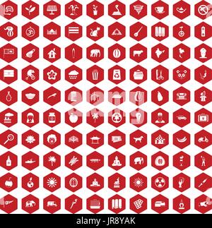 100 elephant icons hexagon red Stock Vector