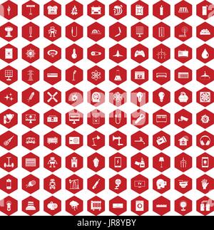 100 energy icons hexagon red Stock Vector
