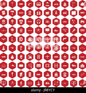 100 engineering icons hexagon red Stock Vector