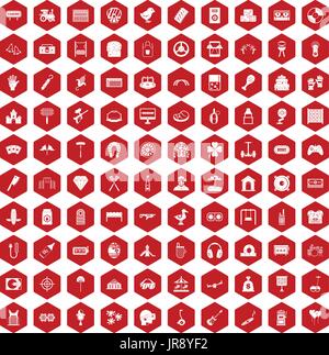 100 entertainment icons hexagon red Stock Vector