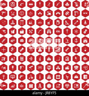 100 equipment icons hexagon red Stock Vector