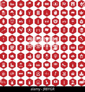 100 europe countries icons hexagon red Stock Vector
