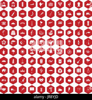 100 exotic animals icons hexagon red Stock Vector