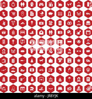 100 family icons hexagon red Stock Vector
