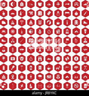 100 family camping icons hexagon red Stock Vector
