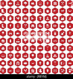 100 farm icons hexagon red Stock Vector