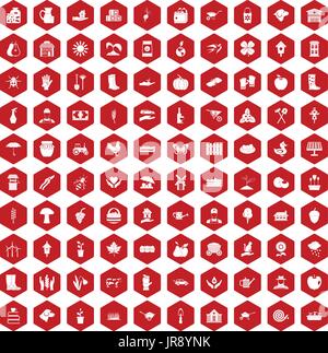 100 farm icons hexagon red Stock Vector