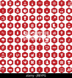 100 farming icons hexagon red Stock Vector