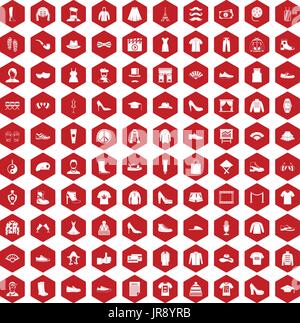 100 fashion icons hexagon red Stock Vector