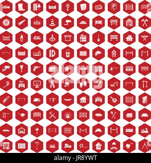 100 fence icons hexagon red Stock Vector