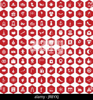 100 festive day icons hexagon red Stock Vector