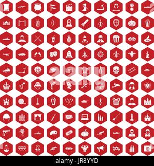 100 film icons hexagon red Stock Vector