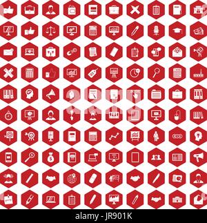 100 finance icons hexagon red Stock Vector