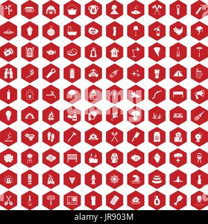 100 fire icons hexagon red Stock Vector