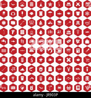 100 fish icons hexagon red Stock Vector
