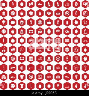 100 fitness icons hexagon red Stock Vector