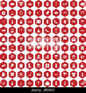 100 flowers icons hexagon red Stock Vector