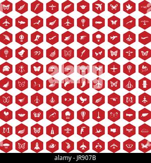 100 fly icons hexagon red Stock Vector