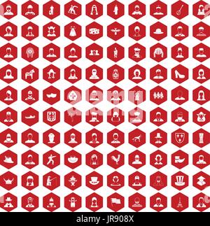 100 folk icons hexagon red Stock Vector