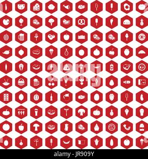 100 food icons hexagon red Stock Vector