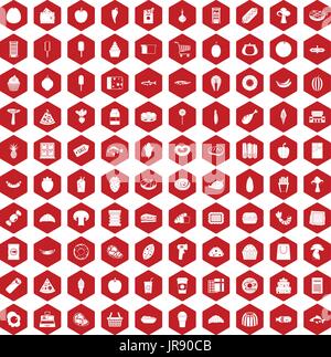 100 food shopping icons hexagon red Stock Vector