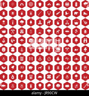 100 forest icons hexagon red Stock Vector