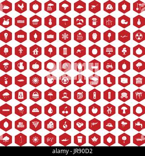 100 fruit icons hexagon red Stock Vector