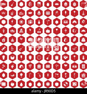 100 fruit party icons hexagon red Stock Vector