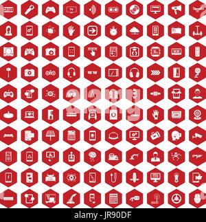 100 gadget icons hexagon red Stock Vector