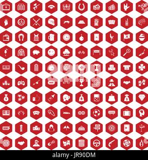 100 gambling icons hexagon red Stock Vector
