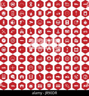 100 garage icons hexagon red Stock Vector