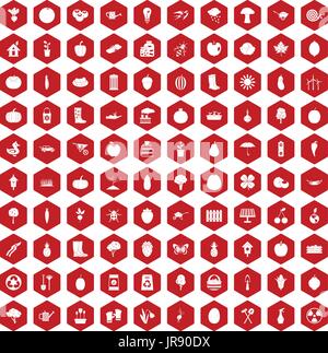 100 garden icons hexagon red Stock Vector