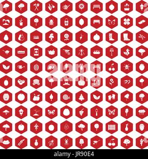 100 gardening icons hexagon red Stock Vector