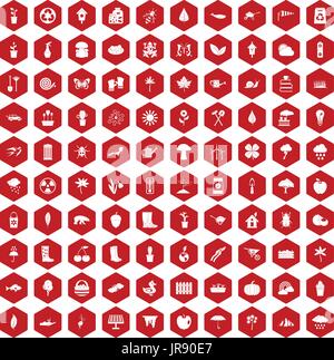 100 garden stuff icons hexagon red Stock Vector