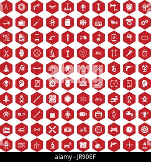 100 gear icons hexagon red Stock Vector