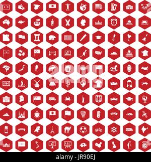 100 geography icons hexagon red Stock Vector