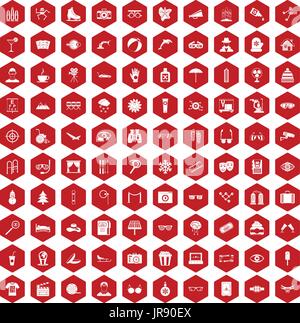 100 glasses icons hexagon red Stock Vector