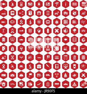 100 globe icons hexagon red Stock Vector