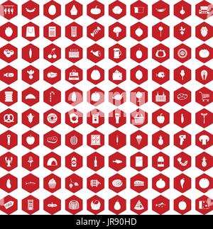 100 grocery shopping icons hexagon red Stock Vector