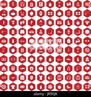 100 gym icons hexagon red Stock Vector