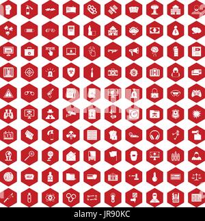 100 hacking icons hexagon red Stock Vector