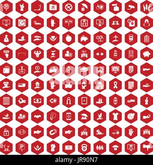 100 hand icons hexagon red Stock Vector