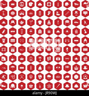 100 hat icons hexagon red Stock Vector
